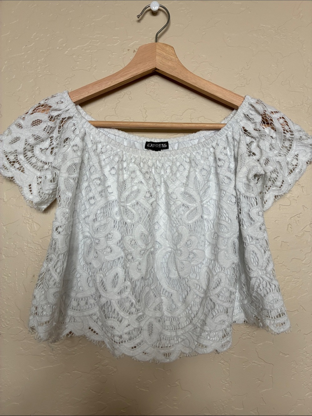 Express White Lace Off-Shoulder Crop Top